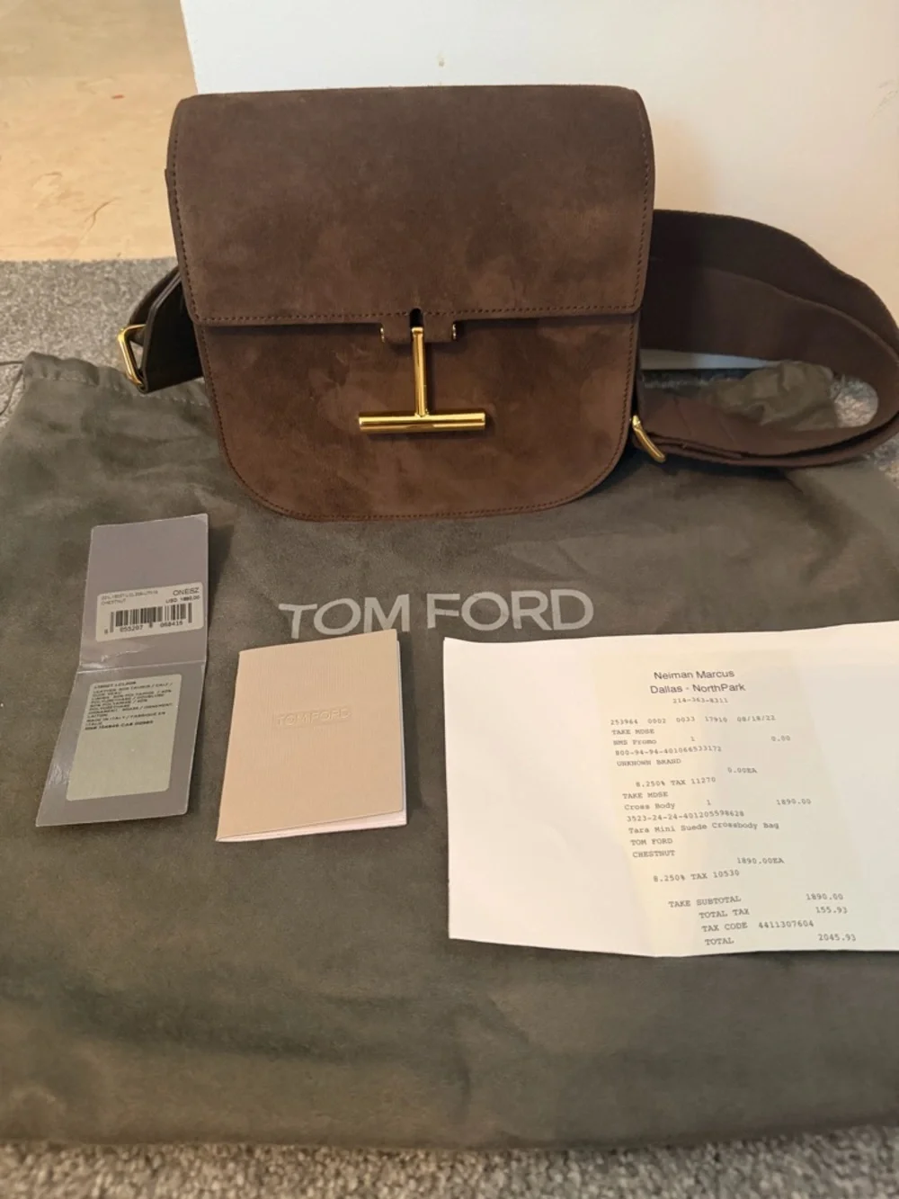 Tom Ford Dark Brown Suede Messenger Bag with Gold-Tone Hardware - Picture 1 of 10